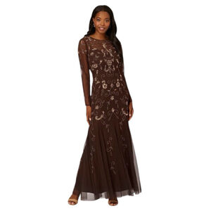 Adrianna Papell Brown Beaded Long Sleeve Evening Gown